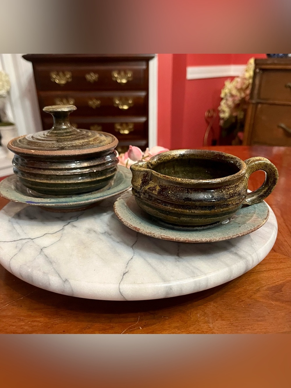 Vintage 1986 L. Adams Pacific Northwest Studio Pottery 4-Pc Cream & Sugar Set